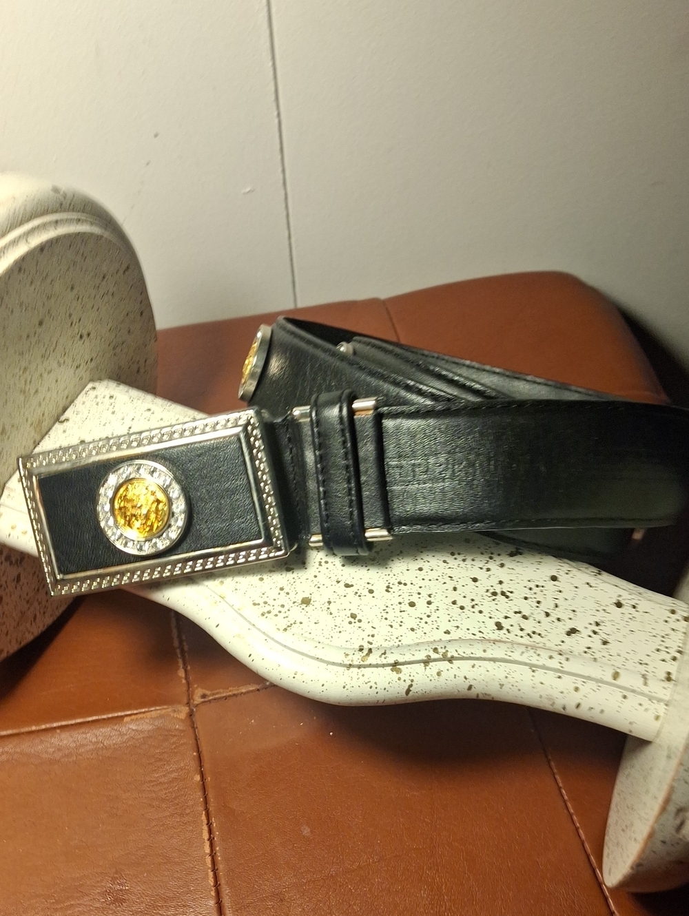Versace Black Leather Men's Belt with Gold Medallion Buckle